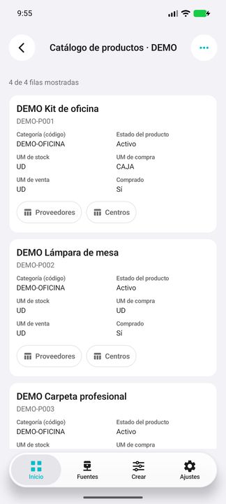 Tarjeta completa: producto, categoría, estado, unidades de stock/compra/venta y dos sub-botones independientes. — Cifru nativo DEMO, datos totalmente ficticios; muestra representativa, fichas desplazables. No es prueba ERP real.
