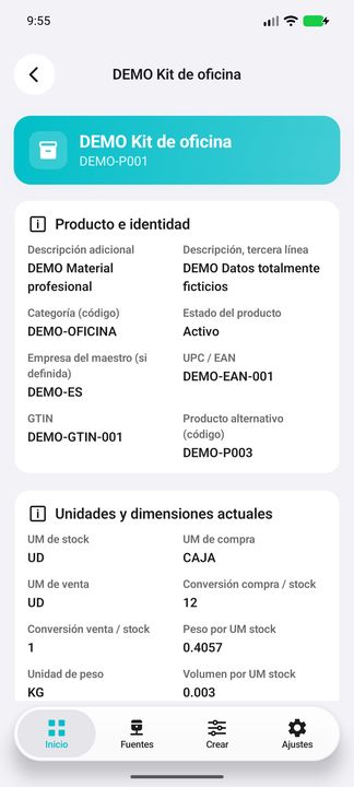 Identidad completa: descripciones, categoría, estado, empresa, códigos comerciales y unidades actuales. — Cifru nativo DEMO, datos totalmente ficticios; muestra representativa, fichas desplazables. No es prueba ERP real.
