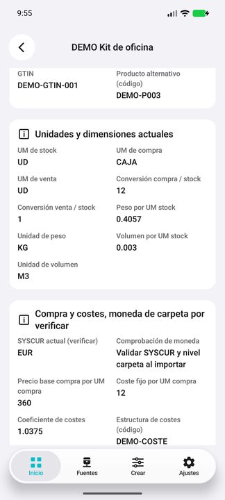 Unidades, peso y volumen con precisión de origen; moneda SYSCUR siempre por verificar y precio base por UM compra. — Cifru nativo DEMO, datos totalmente ficticios; muestra representativa, fichas desplazables. No es prueba ERP real.
