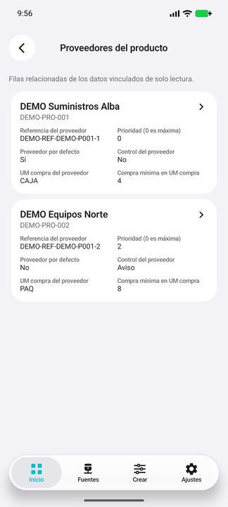 Contenido de proveedores: referencias, prioridad nativa, flags/control, UM específica y compra mínima, sin recomendación inferida. — Cifru nativo DEMO, datos totalmente ficticios; muestra representativa, fichas desplazables. No es prueba ERP real.