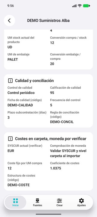 Ficha de proveedor: calidad, regla de conciliación y costes por UM compra en moneda de carpeta siempre por verificar. — Cifru nativo DEMO, datos totalmente ficticios; muestra representativa, fichas desplazables. No es prueba ERP real.