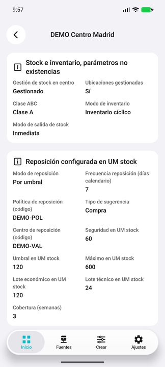Reposición por centro: política, sugerencia, seguridad, umbral, máximo, lotes y cobertura en semanas. — Cifru nativo DEMO, datos totalmente ficticios; muestra representativa, fichas desplazables. No es prueba ERP real.