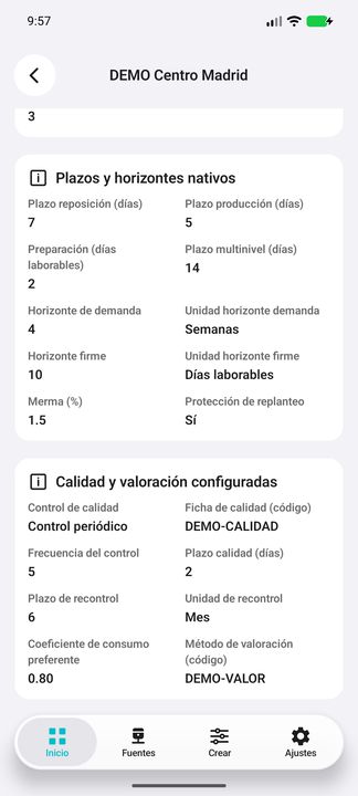 Horizontes, calidad, recontrol y valoración configurada, con unidades nativas separadas. — Cifru nativo DEMO, datos totalmente ficticios; muestra representativa, fichas desplazables. No es prueba ERP real.