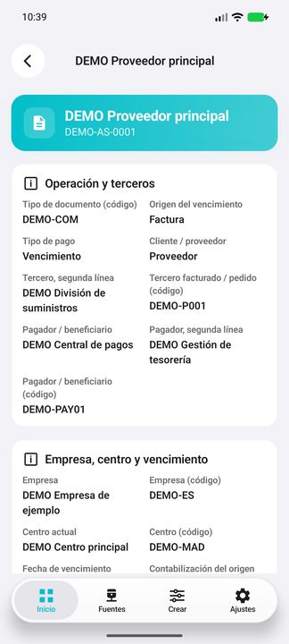 Operación y terceros: tercero facturado y pagador distintos, empresa y centro actuales, sin claves internas. — Cifru nativo DEMO, datos totalmente ficticios; muestra representativa, fichas desplazables. No es prueba ERP real.