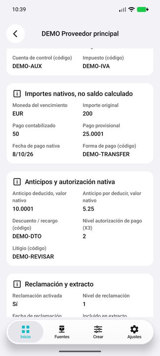 Importes exactos, fecha/forma de pago y anticipos distintos; nivel de aprobación numérico, no saldo calculado. — Cifru nativo DEMO, datos totalmente ficticios; muestra representativa, fichas desplazables. No es prueba ERP real.