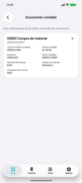 Documento contable vinculado por tipo, número y empresa: fecha, diario, moneda, categoría y estado nativos. — Cifru nativo DEMO, datos totalmente ficticios; muestra representativa, fichas desplazables. No es prueba ERP real.