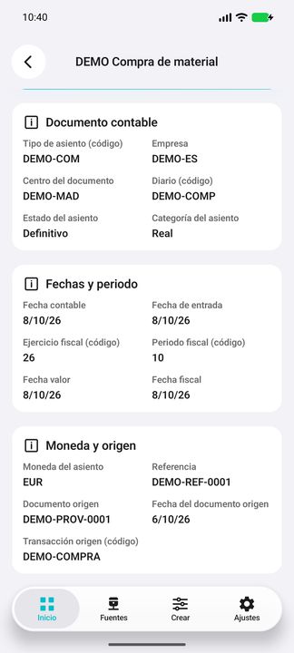 Documento: fechas, periodo fiscal, moneda, referencia y documento/transacción de origen. — Cifru nativo DEMO, datos totalmente ficticios; muestra representativa, fichas desplazables. No es prueba ERP real.