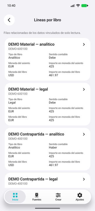 Contenido de líneas por libro: cuenta, Debe/Haber, moneda del asiento y del libro separadas; no se suman libros. — Cifru nativo DEMO, datos totalmente ficticios; muestra representativa, fichas desplazables. No es prueba ERP real.