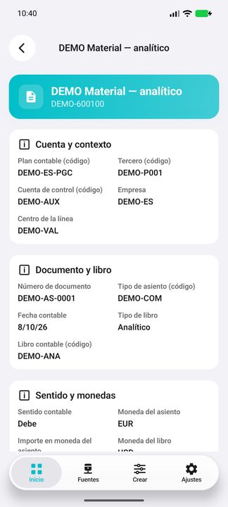 Continuación local de la línea: plan/cuenta, tercero, centro, documento y libro analítico. — Cifru nativo DEMO, datos totalmente ficticios; muestra representativa, fichas desplazables. No es prueba ERP real.