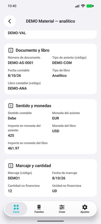 Línea: importes y monedas propias, marcaje, cantidad no financiera y su unidad. — Cifru nativo DEMO, datos totalmente ficticios; muestra representativa, fichas desplazables. No es prueba ERP real.