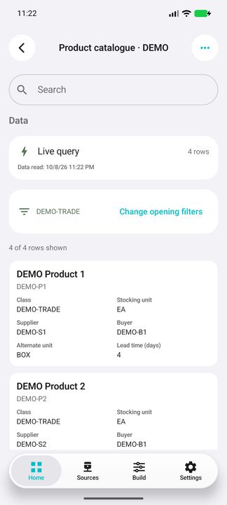 Selected product class and complete product card: stocking/alternate units, supplier, buyer and native lead time. Timestamp 10/8/26 means 8 October 2026. — Native Cifru DEMO, entirely fictional data; scrollable product Details. Not a real ERP connection test.
