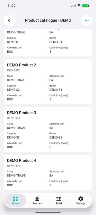Product-card continuation, including a product with empty supplier and buyer fields; no guessed replacement values. — Native Cifru DEMO, entirely fictional data; scrollable product Details. Not a real ERP connection test.