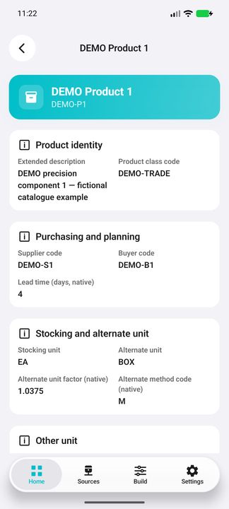 Product identity, extended description, classification, purchasing and stocking/alternate units; factor 1.0375 retained without rounding. — Native Cifru DEMO, entirely fictional data; scrollable product Details. Not a real ERP connection test.
