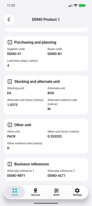 Complete unit settings and alternate business references; factor 0.333333 and native method codes are not converted or decoded. — Native Cifru DEMO, entirely fictional data; scrollable product Details. Not a real ERP connection test.