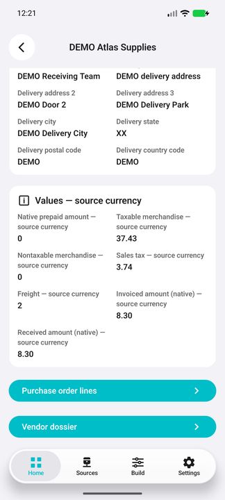 Native order amounts and both independent sub-buttons; more order fields are above when scrolling. — Native Cifru DEMO, entirely fictional data; representative gallery, scrollable dossiers. Not a real Sage connection test.