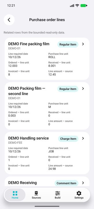 Actual purchase order lines: separate ordered, received and invoiced quantities, units and line amounts. — Native Cifru DEMO, entirely fictional data; representative gallery, scrollable dossiers. Not a real Sage connection test.