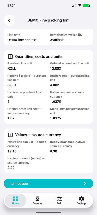 Precise line quantities and costs, native amounts and the actual Item dossier sub-button. — Native Cifru DEMO, entirely fictional data; representative gallery, scrollable dossiers. Not a real Sage connection test.