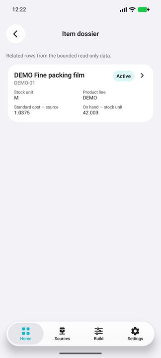 Actual related item card: stock unit, product line, precise standard cost and stock quantity. — Native Cifru DEMO, entirely fictional data; representative gallery, scrollable dossiers. Not a real Sage connection test.