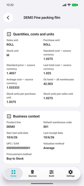 Full item units, precise costs and price, stock quantity, classifications, dates and UPC. — Native Cifru DEMO, entirely fictional data; representative gallery, scrollable dossiers. Not a real Sage connection test.