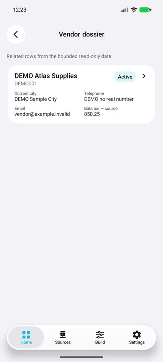 Actual related vendor card: current city, fictional contact details and native current balance. — Native Cifru DEMO, entirely fictional data; representative gallery, scrollable dossiers. Not a real Sage connection test.