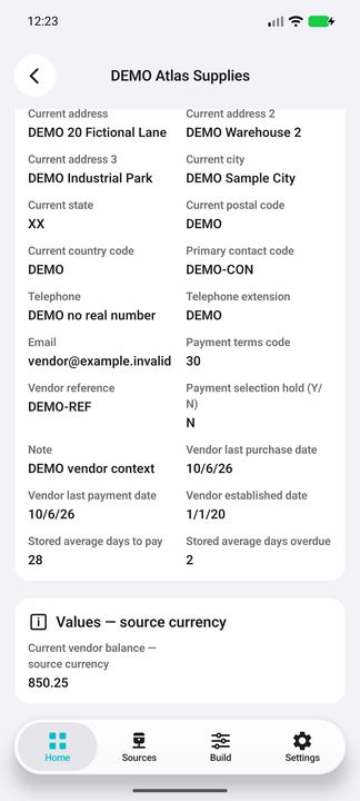 Vendor dossier continuation: payment-selection hold, activity, stored averages and current balance. — Native Cifru DEMO, entirely fictional data; representative gallery, scrollable dossiers. Not a real Sage connection test.