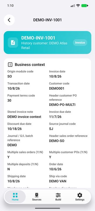 Invoice business context, dates, header references, retained history customer and source module. — Native Cifru DEMO, entirely fictional; representative gallery, scrollable dossiers. Not a real Sage connection test.