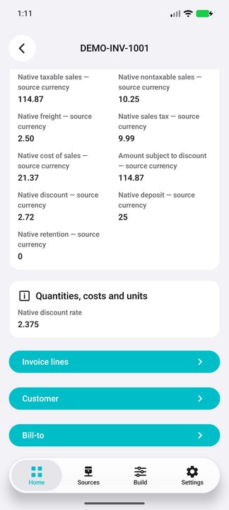 Native invoice amounts and all three independent dossier buttons; earlier invoice fields are available by scrolling. — Native Cifru DEMO, entirely fictional; representative gallery, scrollable dossiers. Not a real Sage connection test.