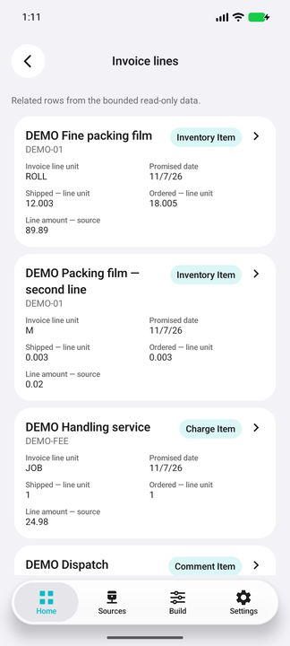 Actual invoice-line content: repeated item codes remain separate, 0.003 quantity stays exact, charge line retained. — Native Cifru DEMO, entirely fictional; representative gallery, scrollable dossiers. Not a real Sage connection test.