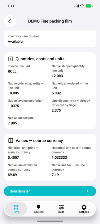 Precise historical line quantity, price and cost, native extension and tax, and actual Item dossier button. — Native Cifru DEMO, entirely fictional; representative gallery, scrollable dossiers. Not a real Sage connection test.