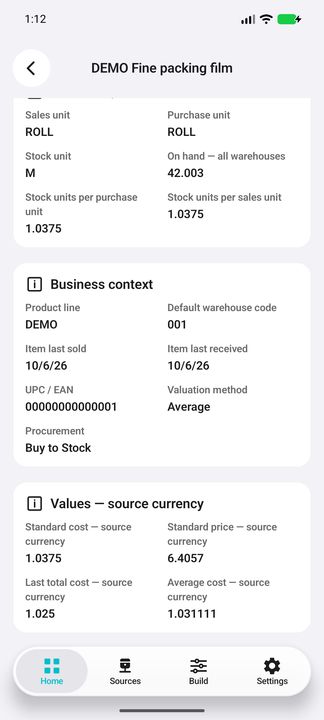 Current item dossier with full quantities, units and distinct standard, average and last reference costs. — Native Cifru DEMO, entirely fictional; representative gallery, scrollable dossiers. Not a real Sage connection test.