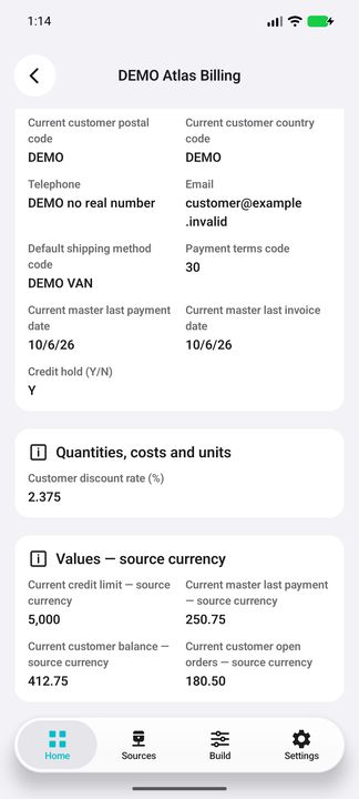 Bill-to customer master: own balance 412.75, credit hold Y, credit limit and last payment; not invoice balance. — Native Cifru DEMO, entirely fictional; representative gallery, scrollable dossiers. Not a real Sage connection test.