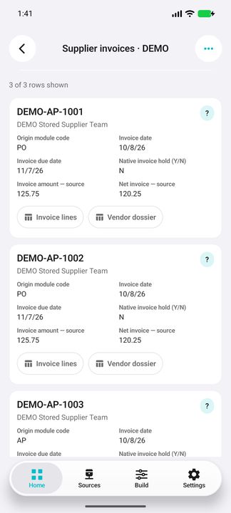 Complete supplier-invoice cards with Invoice lines and Vendor dossier buttons. — Native Cifru DEMO, entirely fictional; representative gallery with scrollable dossiers. Not a real Sage connection test.