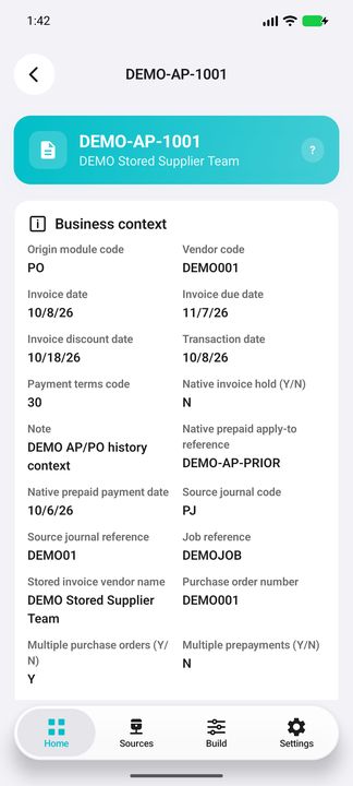 Supplier invoice business context, dates, stored vendor name and source module. — Native Cifru DEMO, entirely fictional; representative gallery with scrollable dossiers. Not a real Sage connection test.