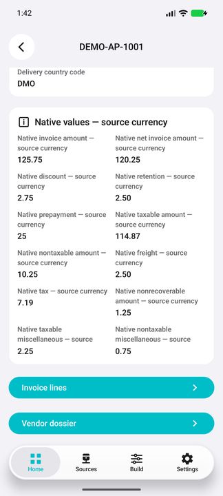 Native monetary components continued and the two actual invoice-line and vendor dossier buttons. — Native Cifru DEMO, entirely fictional; representative gallery with scrollable dossiers. Not a real Sage connection test.