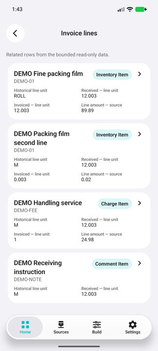 Actual invoice-line cards: repeated item codes remain separate, precise quantities and a handling charge. — Native Cifru DEMO, entirely fictional; representative gallery with scrollable dossiers. Not a real Sage connection test.
