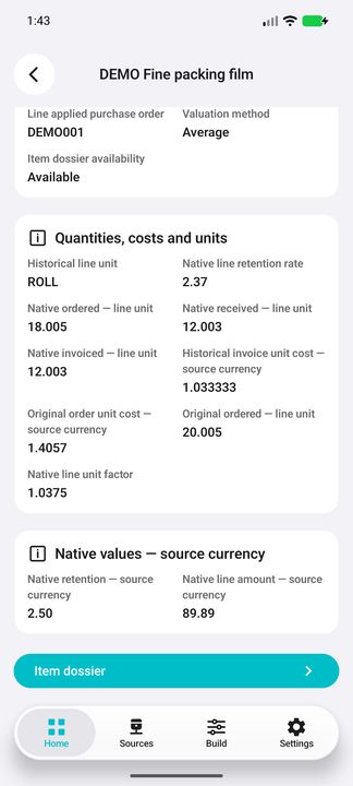Exact line quantities, conversion factor, unit costs and native extension with Item dossier button. — Native Cifru DEMO, entirely fictional; representative gallery with scrollable dossiers. Not a real Sage connection test.