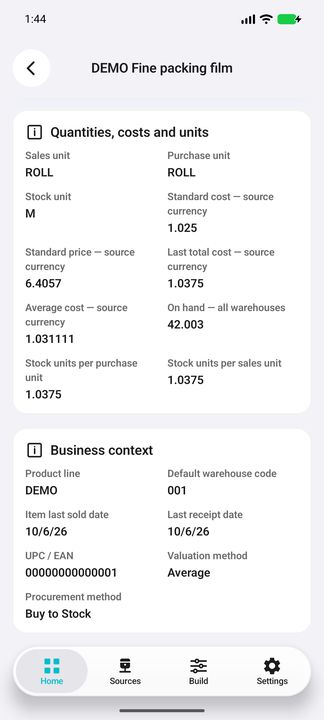 Current item on-hand quantity and distinct standard, average and last reference costs. — Native Cifru DEMO, entirely fictional; representative gallery with scrollable dossiers. Not a real Sage connection test.