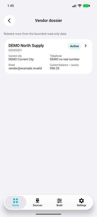 Actual current vendor card with its own city, contact and current balance 950.25. — Native Cifru DEMO, entirely fictional; representative gallery with scrollable dossiers. Not a real Sage connection test.