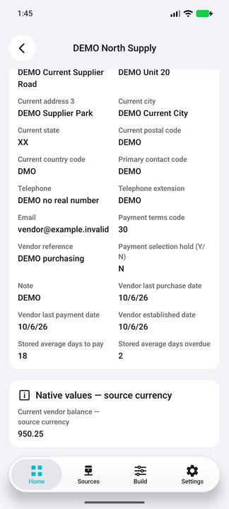 Vendor master dates, stored payment-day averages and own current balance 950.25; not invoice settlement. — Native Cifru DEMO, entirely fictional; representative gallery with scrollable dossiers. Not a real Sage connection test.
