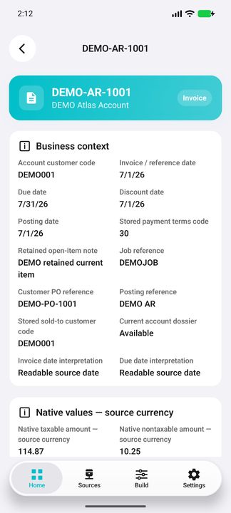Current receivable document context, July invoice/due dates, account and sold-to references. — Native Cifru DEMO, entirely fictional; representative scrollable dossiers. Not a real Sage connection test.