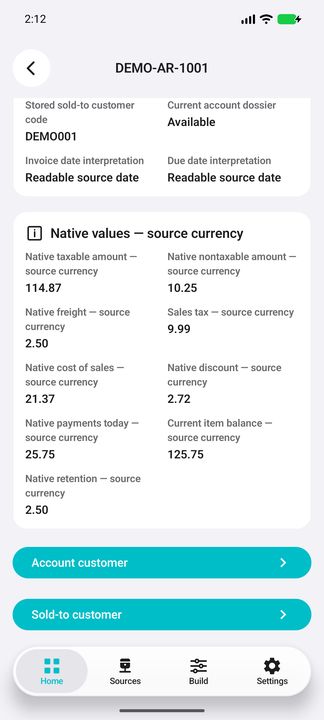 Native source monetary components, payments today, item balance, retention and both actual customer buttons. — Native Cifru DEMO, entirely fictional; representative scrollable dossiers. Not a real Sage connection test.