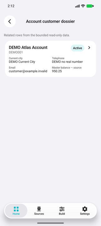 Actual account-customer card: current contacts and own master balance 950.25, separate from item balance. — Native Cifru DEMO, entirely fictional; representative scrollable dossiers. Not a real Sage connection test.