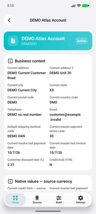 Current account-customer address, contacts, terms, last document/payment dates, discount and native credit hold. — Native Cifru DEMO, entirely fictional; representative scrollable dossiers. Not a real Sage connection test.