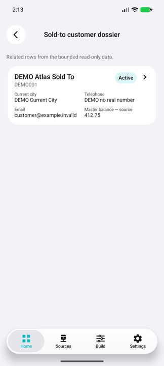 Actual sold-to customer card with own current contacts and master balance 412.75; no account-role fallback. — Native Cifru DEMO, entirely fictional; representative scrollable dossiers. Not a real Sage connection test.