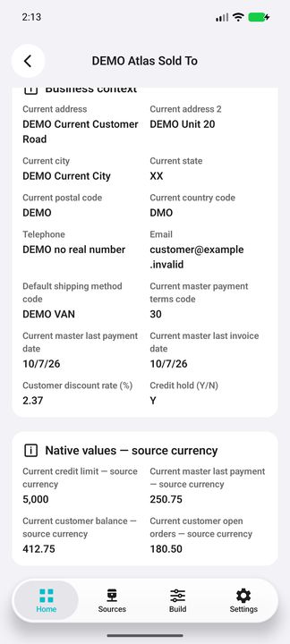 Independent sold-to current credit limit, last payment, own balance 412.75 and open-order amount. — Native Cifru DEMO, entirely fictional; representative scrollable dossiers. Not a real Sage connection test.