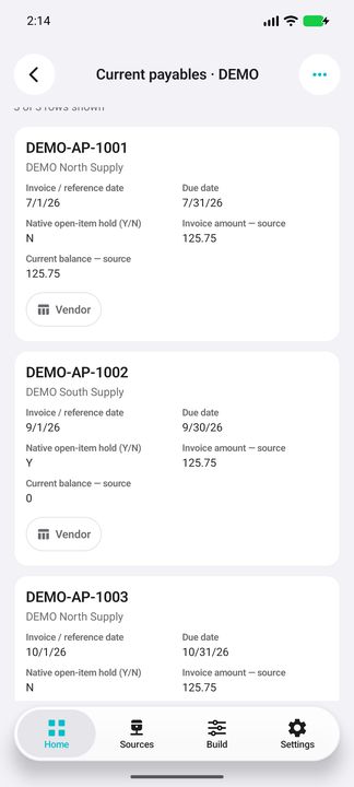Complete current payable cards: old July debt and retained zero balance, each with its own vendor button. — Native Cifru DEMO, entirely fictional; representative scrollable dossiers. Not a real Sage connection test.
