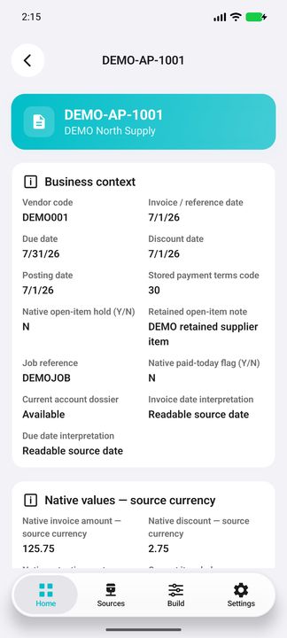 Current payable document context, July due dates, source hold and paid-today flags; not general paid status. — Native Cifru DEMO, entirely fictional; representative scrollable dossiers. Not a real Sage connection test.