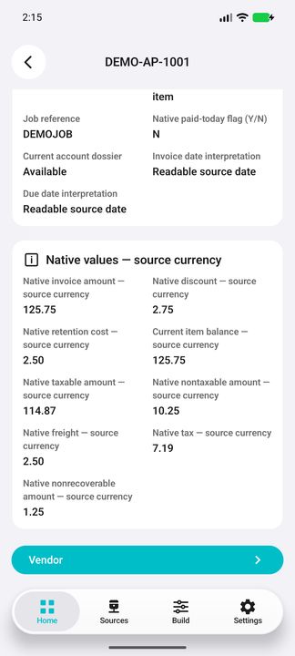 Native invoice/tax/freight components, retention cost and current item balance; actual Vendor button. — Native Cifru DEMO, entirely fictional; representative scrollable dossiers. Not a real Sage connection test.