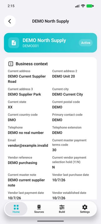 Current vendor address, contacts, payment terms and payment-selection hold, separate from open-item hold. — Native Cifru DEMO, entirely fictional; representative scrollable dossiers. Not a real Sage connection test.