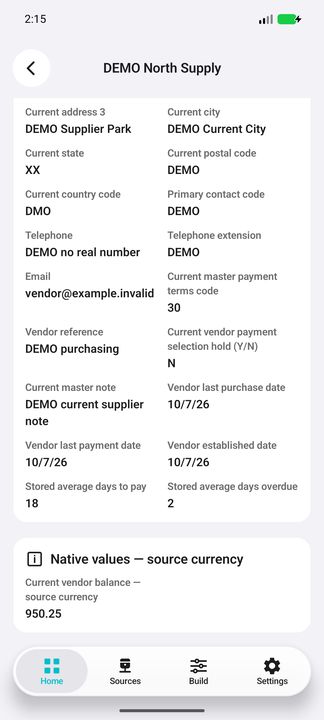 Current vendor dates, native stored payment-day averages and own master balance 950.25. — Native Cifru DEMO, entirely fictional; representative scrollable dossiers. Not a real Sage connection test.